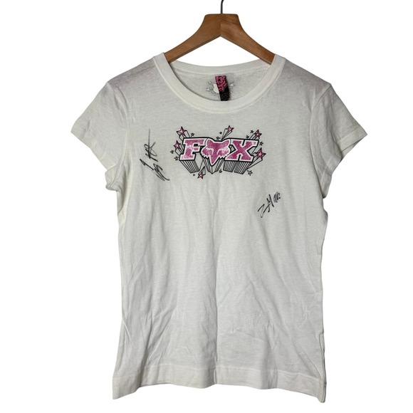 Fox Tops - Vintage Y2K Fox Racing Stargaze Tee White Glitter Graphic T-Shirt Sz Large NEW